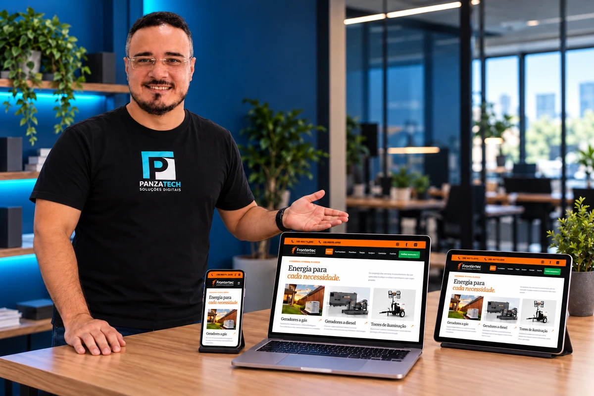 Profissional Panzatech apresentando o site Frontiertec em notebook, tablet e celular organizados sobre a mesa