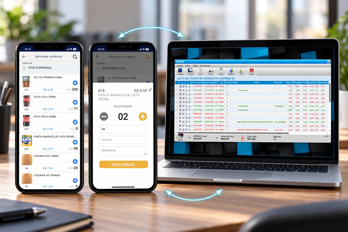 Dois celulares com as telas reais de produtos e quantidade do aplicativo conectados ao notebook com a aba Vendas do ERP