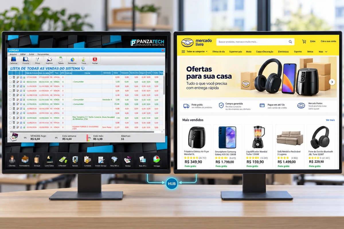 Computador com a tela Vendas do ERP conectado via hub a uma segunda tela com o Mercado Livre
