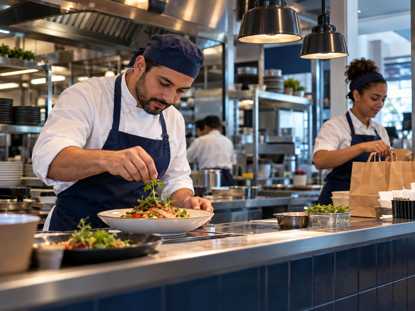 Cena ilustrativa de cozinha de restaurante e organização de pedidos.